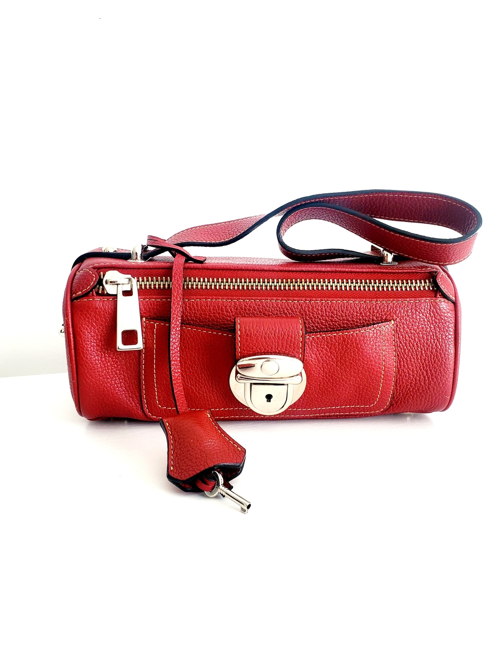 Red Pebbled Leather Mini Barrel Crossbody